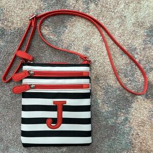 Black, white & salmon multi-pocket, monogram J shoulder bag, adjustable strap